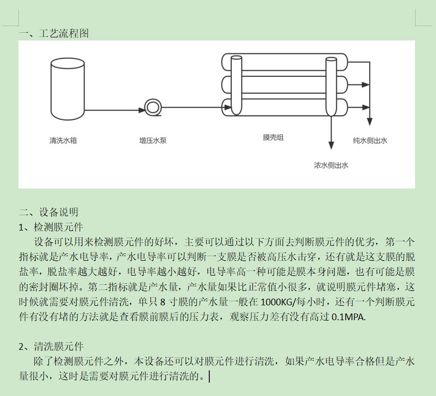 舟山ro洗膜机工艺流程图及工艺说明